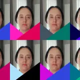 Kobieta o chłodnym typie urody zima, z ciemnymi włosami i niebieskimi oczami, na tle kolorowych geometrycznych kształtów.