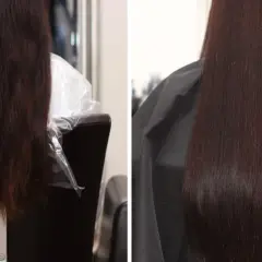 Przed i po zabiegu: zniszczone włosy stają się gładkie i lśniące dzięki pielęgnacji z amlą.