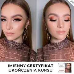 Makijaż foxy eyes z kocim spojrzeniem, podkreślony brązowymi cieniami i wyraźną kreską. Ukończony kurs makijażu.