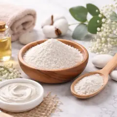 Naturalne kosmetyki: miseczka z gotową maską, drewniana łyżka i miska pełna białej glinki, olejek, ręcznik i kwiaty.