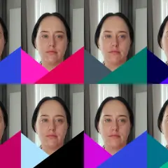 Kobieta o chłodnym typie urody zima, z ciemnymi włosami i niebieskimi oczami, na tle kolorowych geometrycznych kształtów.