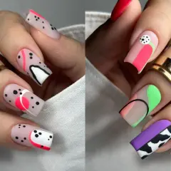 Kolorowy, geometryczny manicure z kropkami i abstrakcyjnymi wzorami. To jest co to jest manicure w nowoczesnym wydaniu.