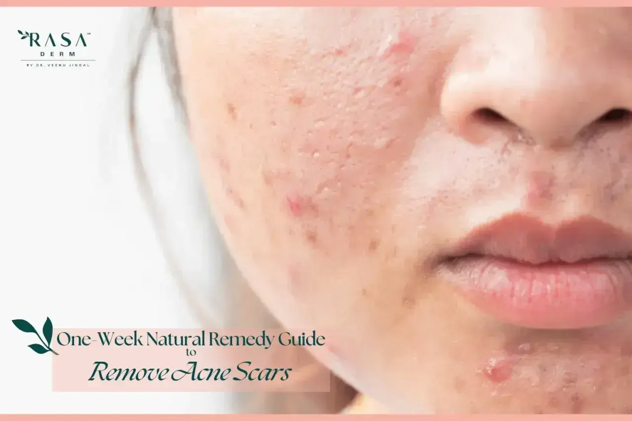 Skóra z widocznymi śladami po trądziku, bliznami i zaczerwienieniami. Poradnik "One-Week Natural Remedy Guide to Remove Acne Scars" sugeruje, co na kaszkę na twarzy.