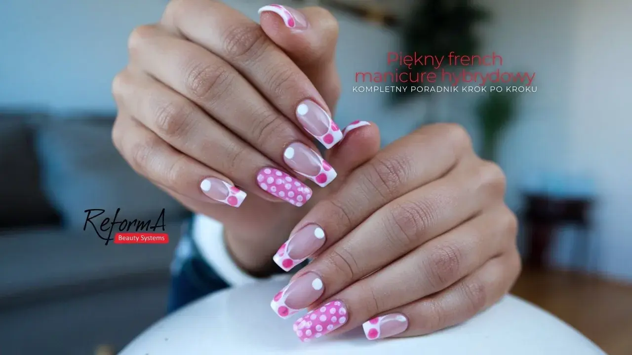 Urocze french paznokcie hybrydowe w różowe kropki. Idealny manicure na wiosnę.