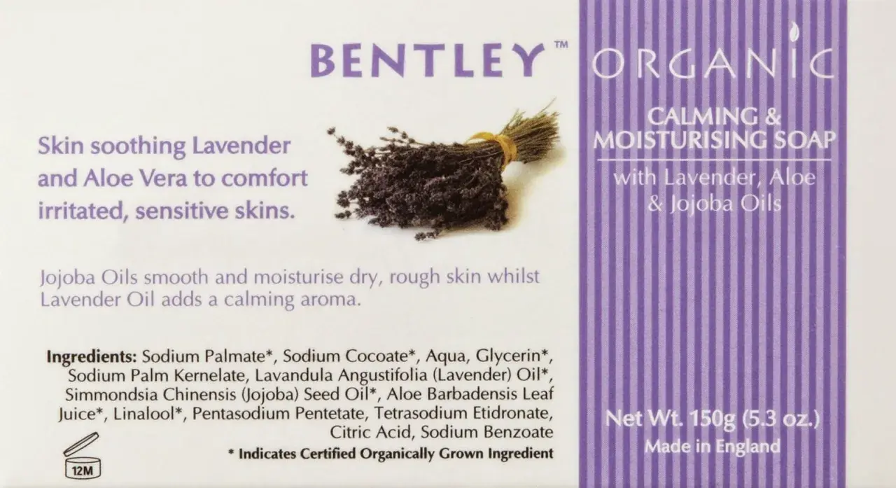 Mydło Bentley Organic z lawendą i aloesem. Składniki: Sodium Palmate, Tetrasodium Etidronate, lawenda, aloes.