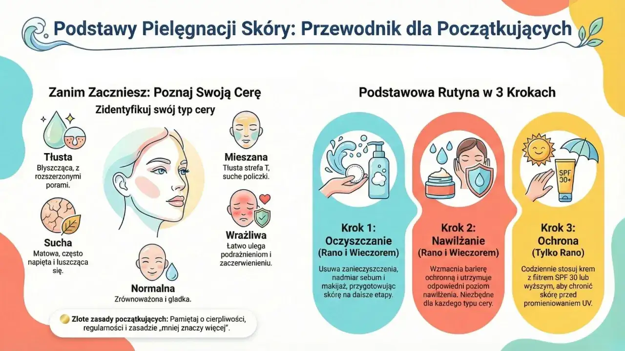 Ilustracja przedstawia podstawy pielęgnacji twarzy: typy cery (tłusta, sucha, mieszana, wrażliwa, normalna) i 3 kroki rutyny: oczyszczanie, nawilżanie, ochrona SPF.