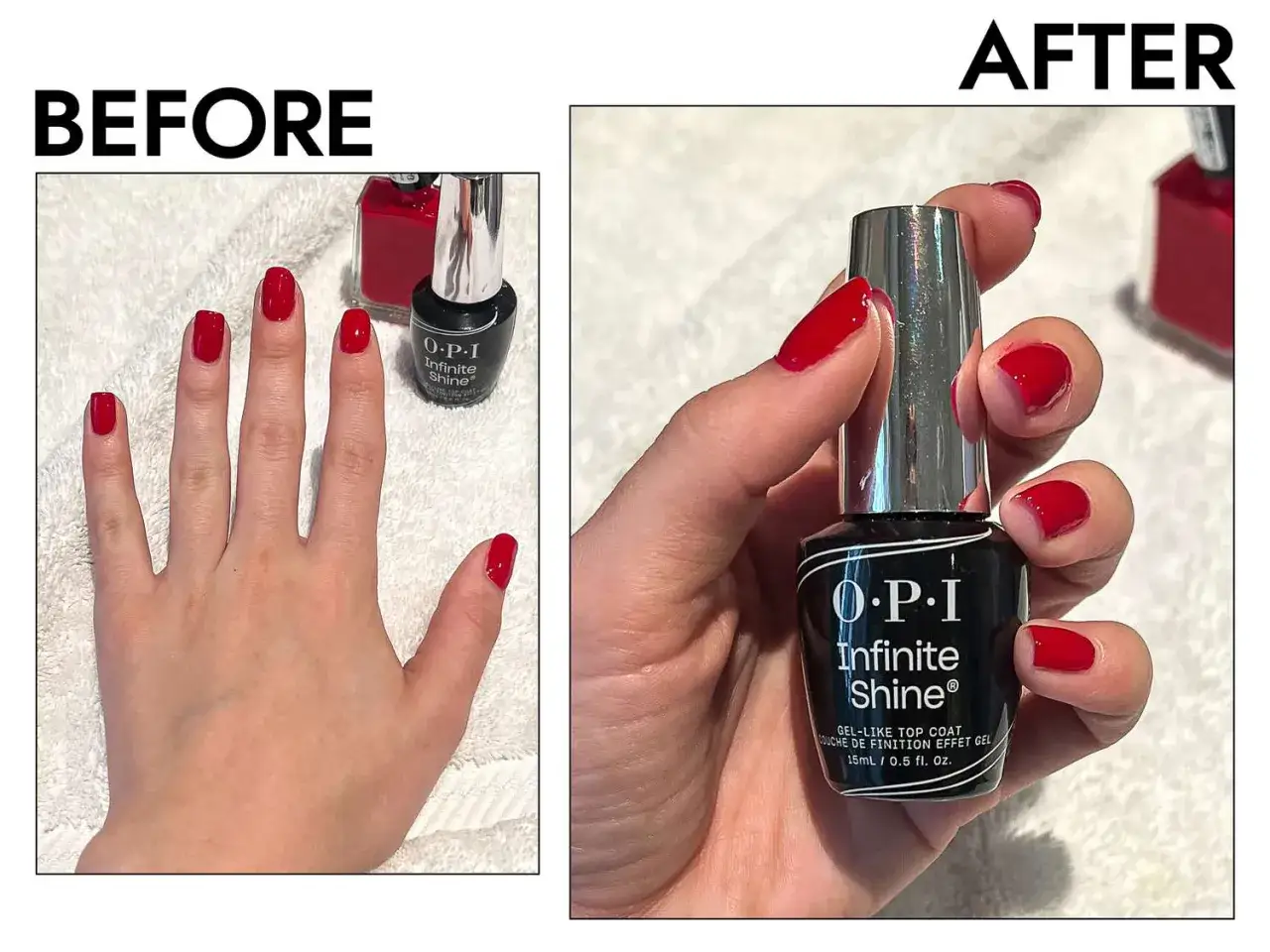 Dłonie przed i po aplikacji lakieru OPI Infinite Shine. Czy przed topem przemywamy cleanerem? Efekt połysku i trwałości.