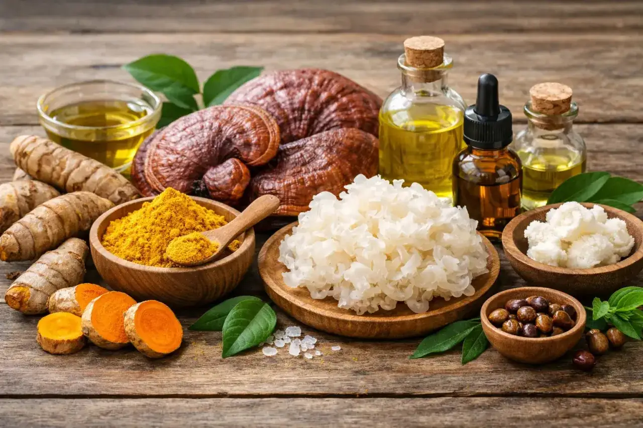 NMF co to? Składniki naturalne: grzyby reishi, kurkuma, olejki, białe grzyby.
