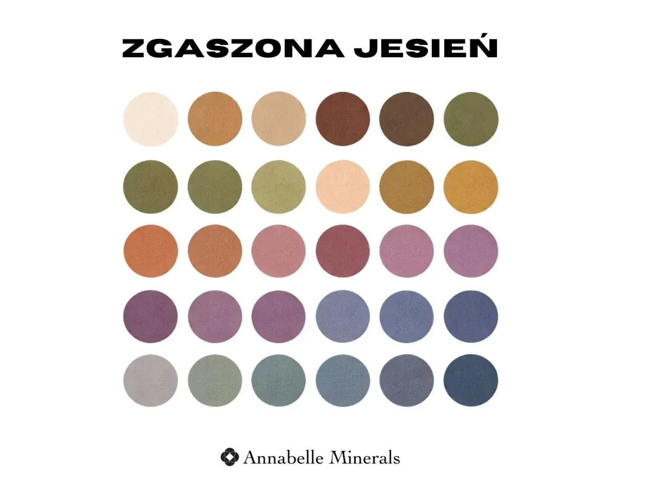 Zgaszona jesień kolory: paleta cieni do powiek w odcieniach beżu, brązu, zieleni, różu i fioletu.