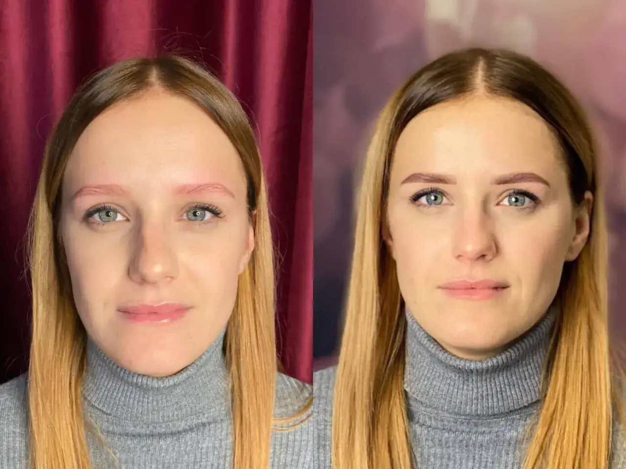 Efekt metamorfozy brwi: henna pudrowa przed i po. Piękne, naturalne brwi po zabiegu.