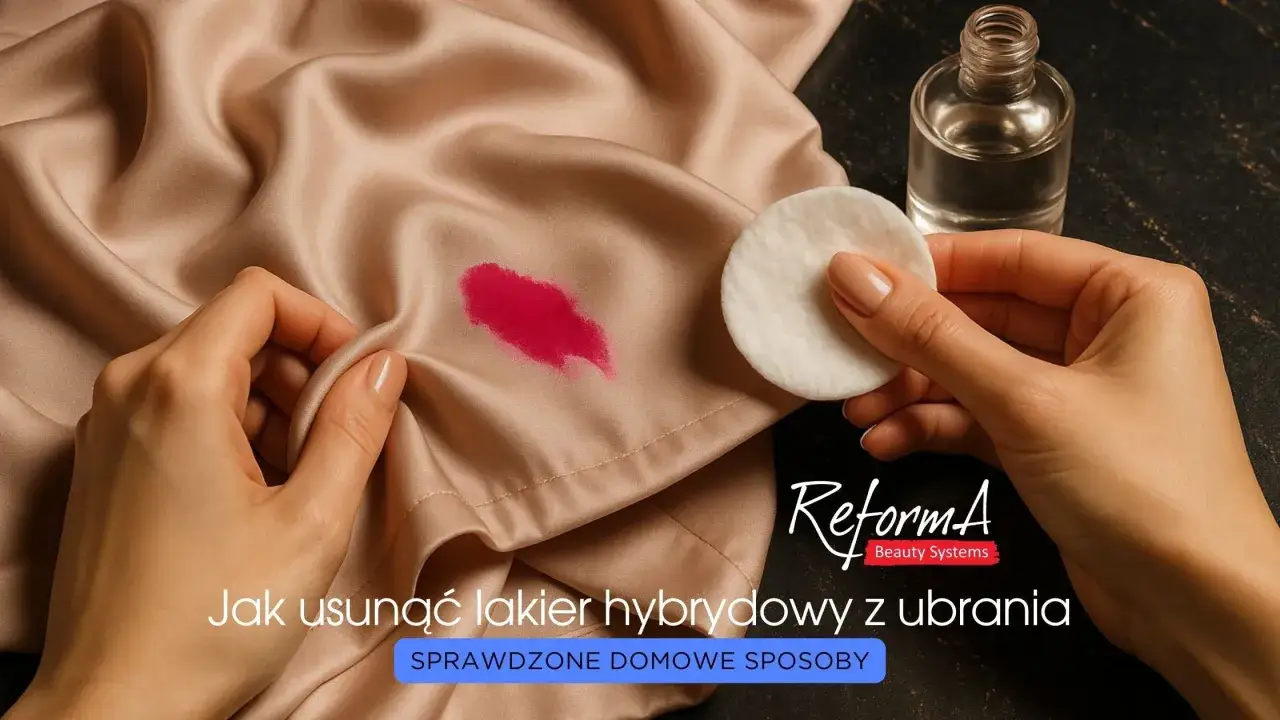 Dłoń z wacikiem nasączonym płynem próbuje usunąć plamę z lakieru hybrydowego z satynowej tkaniny. Dowiedz się, czym zmyć lakier hybrydowy.